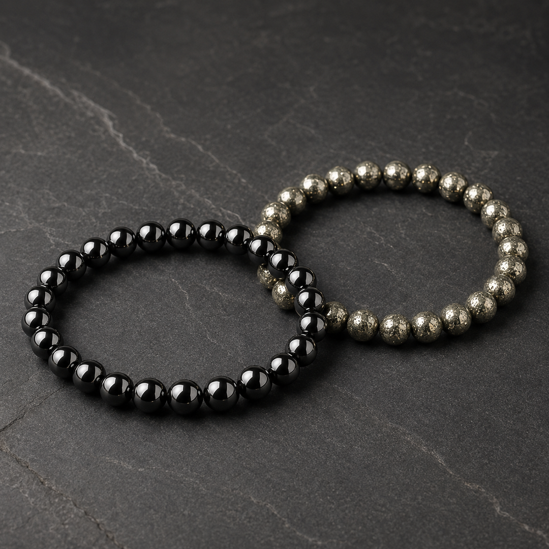 Vestige Noir hematite and Mercury pyrite 8 mm bracelet comparison