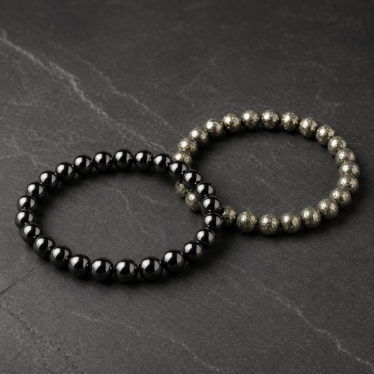 Vestige Noir hematite and Mercury pyrite 8 mm bracelet comparison