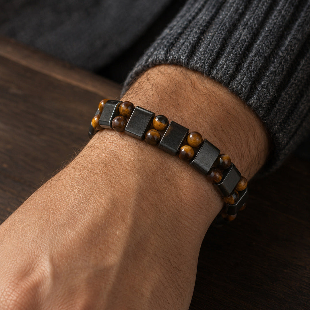 Array Wheat double-row bracelet worn with a graphite cuff