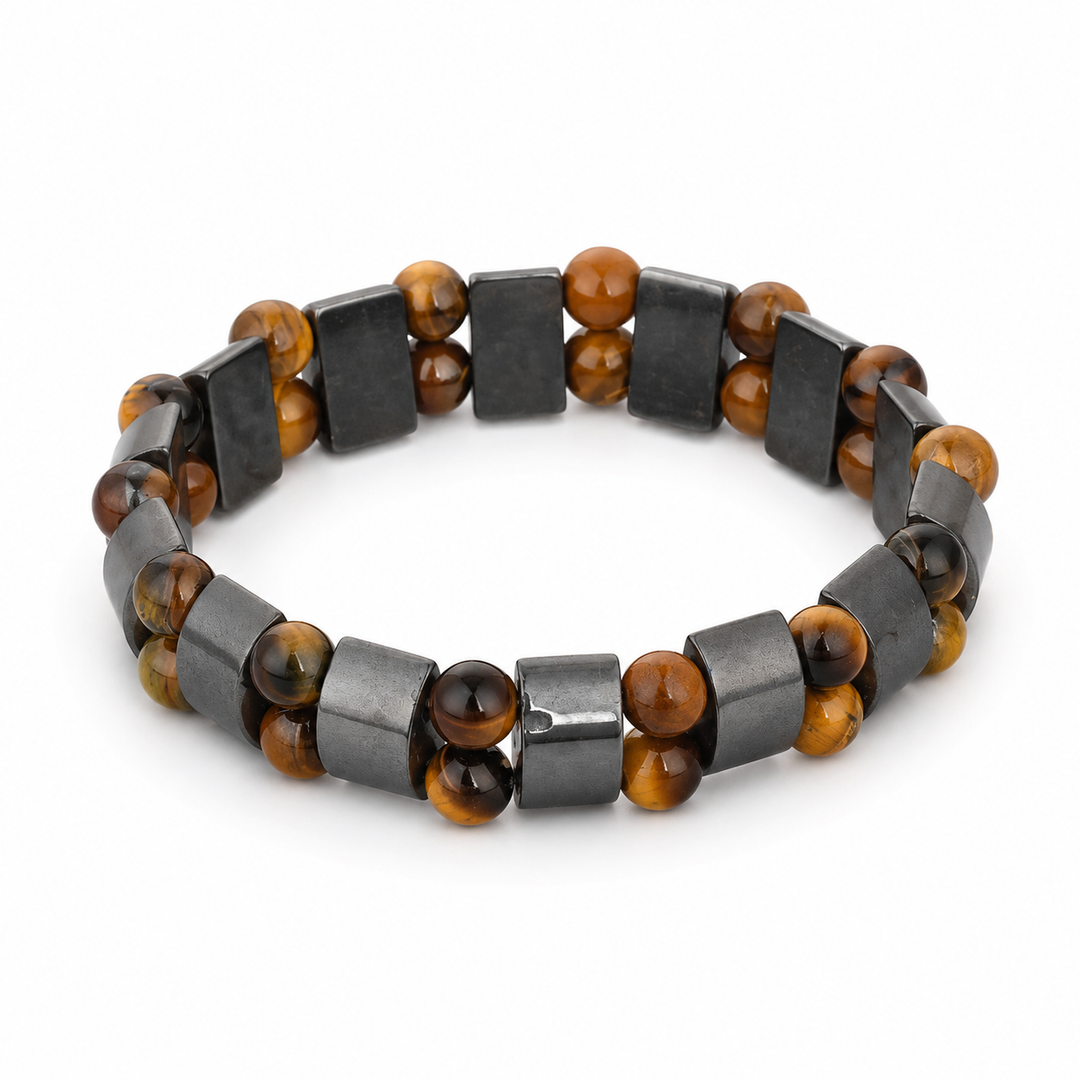 Array Wheat double-row tiger-eye and hematite bracelet on white background