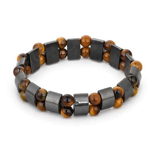 Array Wheat double-row tiger-eye and hematite bracelet on white background