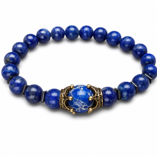 Crest Cobalt blue stone bracelet with marbled crown centre on white background
