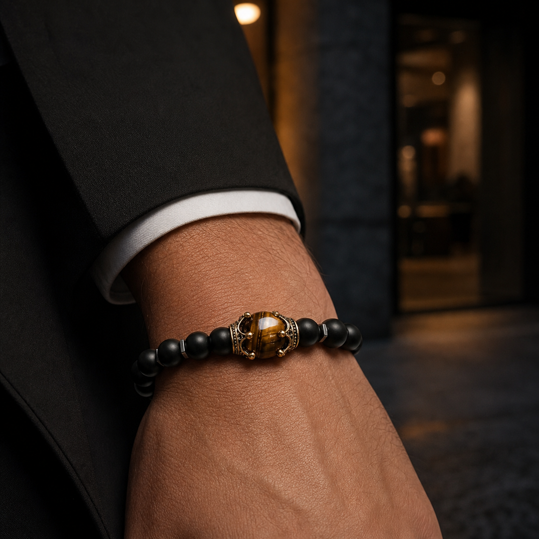 ZAFT Crest Dusk black bracelet styled with a tailored jacket at night