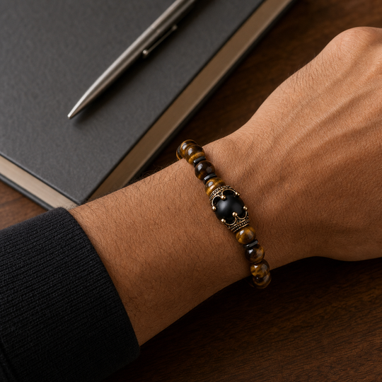 ZAFT Crest Forge tiger-eye bracelet worn at a creative studio desk