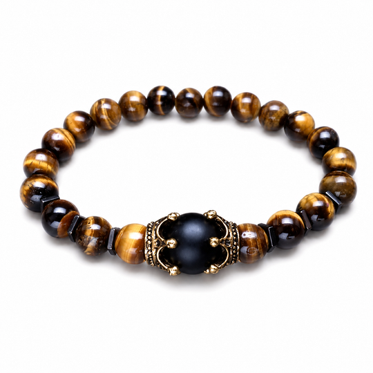 Crest Forge tiger-eye bracelet with black crown centre on white background