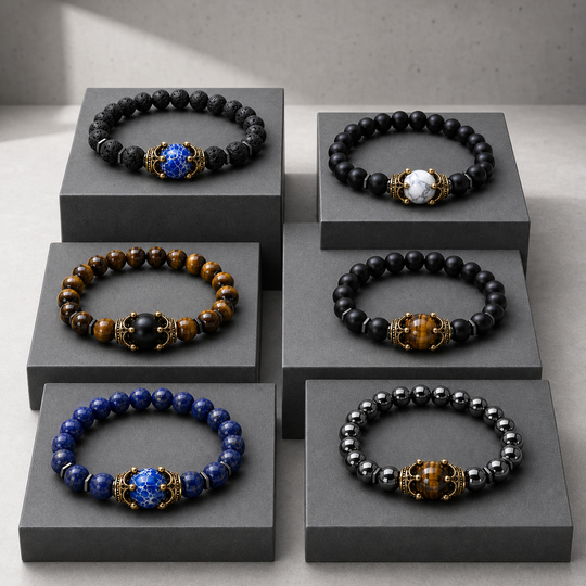 ZAFT CREST complete six-colour bracelet range on gallery pedestals