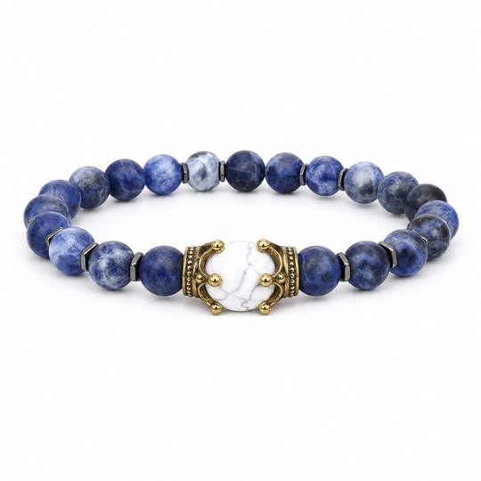 Crest Glacier blue marbled and white crown bracelet on white background