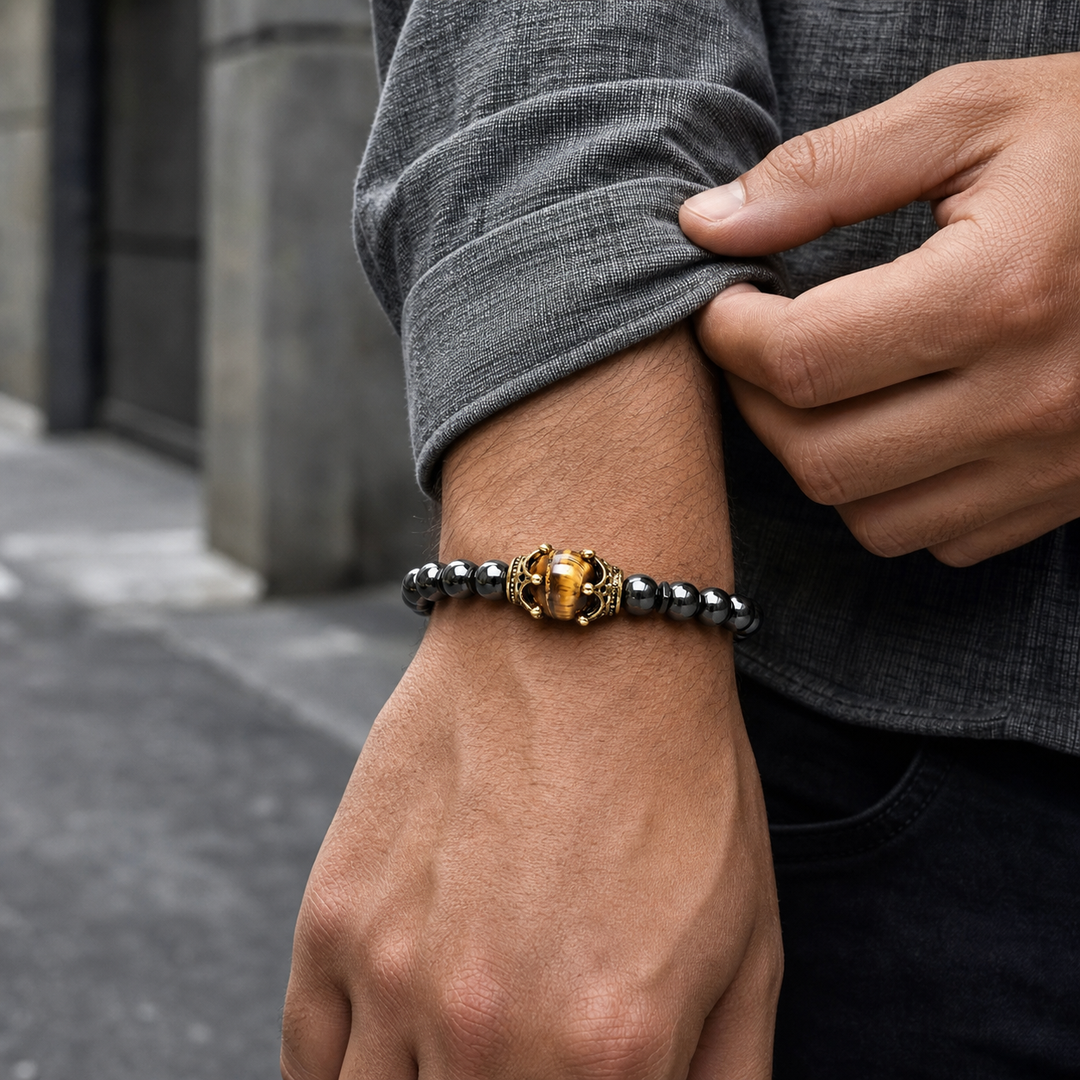 ZAFT Crest Haze gunmetal bracelet worn with a grey overshirt in the city