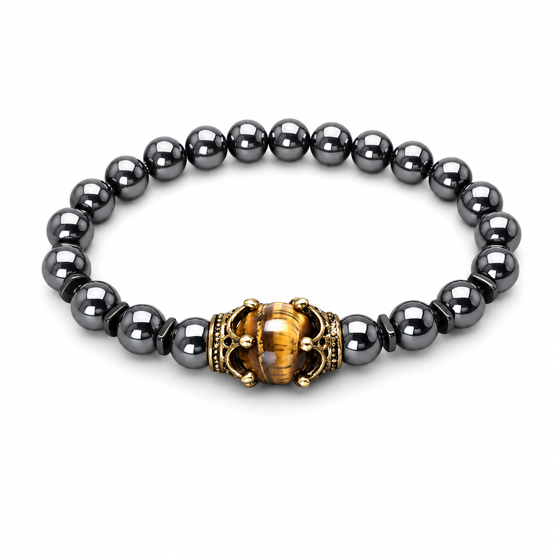 Crest Haze gunmetal bracelet with tiger-eye crown centre on white background
