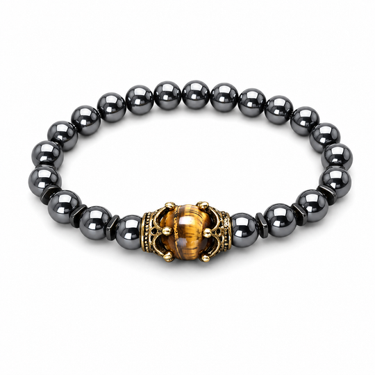 Crest Haze gunmetal bracelet with tiger-eye crown centre on white background