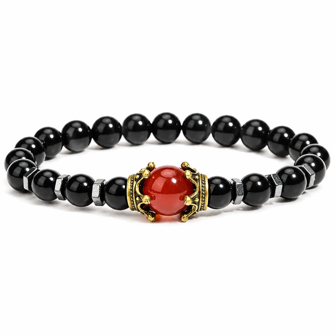 Crest Inferno glossy black and red crown bracelet on white background