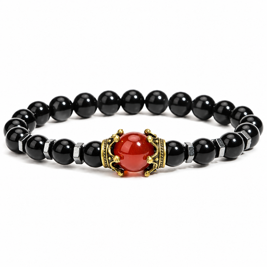 Crest Inferno glossy black and red crown bracelet on white background