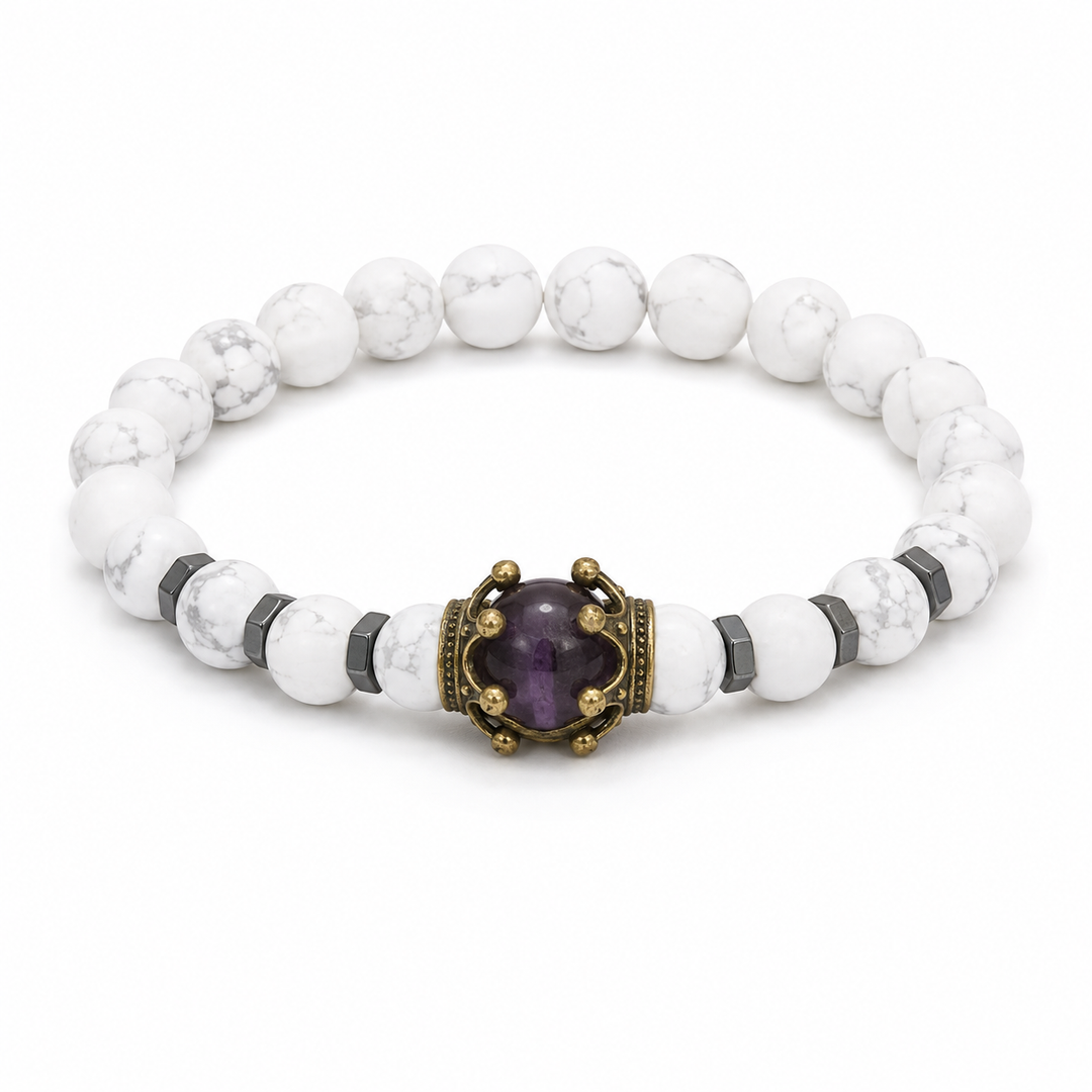 Crest Lunar white marbled and purple crown bracelet on white background