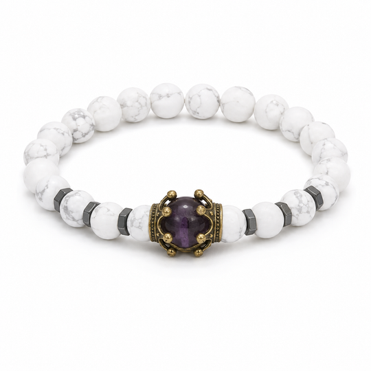 Crest Lunar white marbled and purple crown bracelet on white background