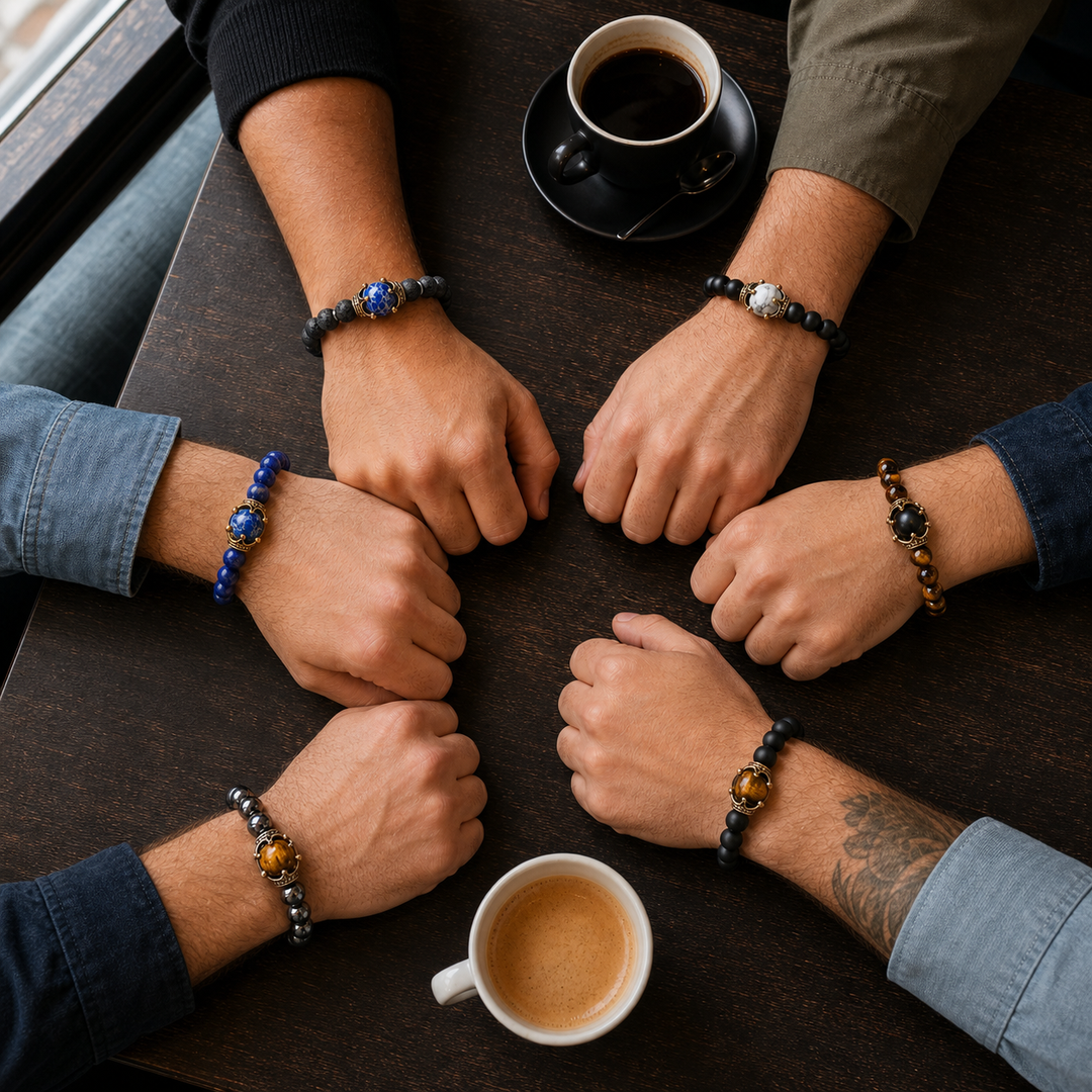 Six friends wearing the complete ZAFT CREST bracelet range at a cafe