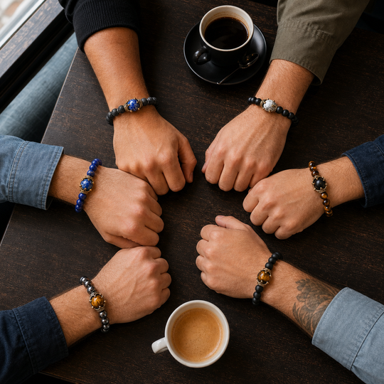Six friends wearing the complete ZAFT CREST bracelet range at a cafe