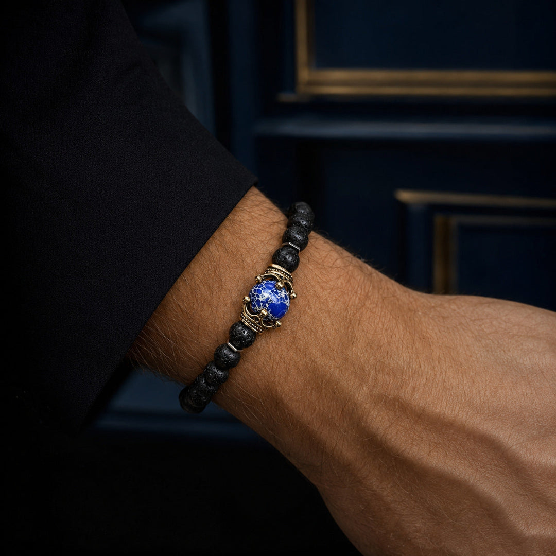 Crest Tempest blue centre stone bracelet worn with a black cuff