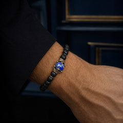 Crest Tempest blue centre stone bracelet worn with a black cuff