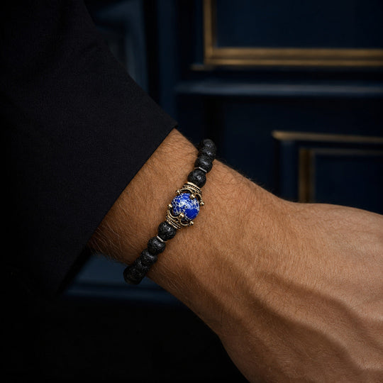 Crest Tempest blue centre stone bracelet worn with a black cuff