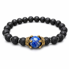 Crest Tempest blue centre stone and lava-bead bracelet on white background