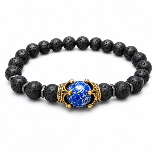 Crest Tempest blue centre stone and lava-bead bracelet on white background