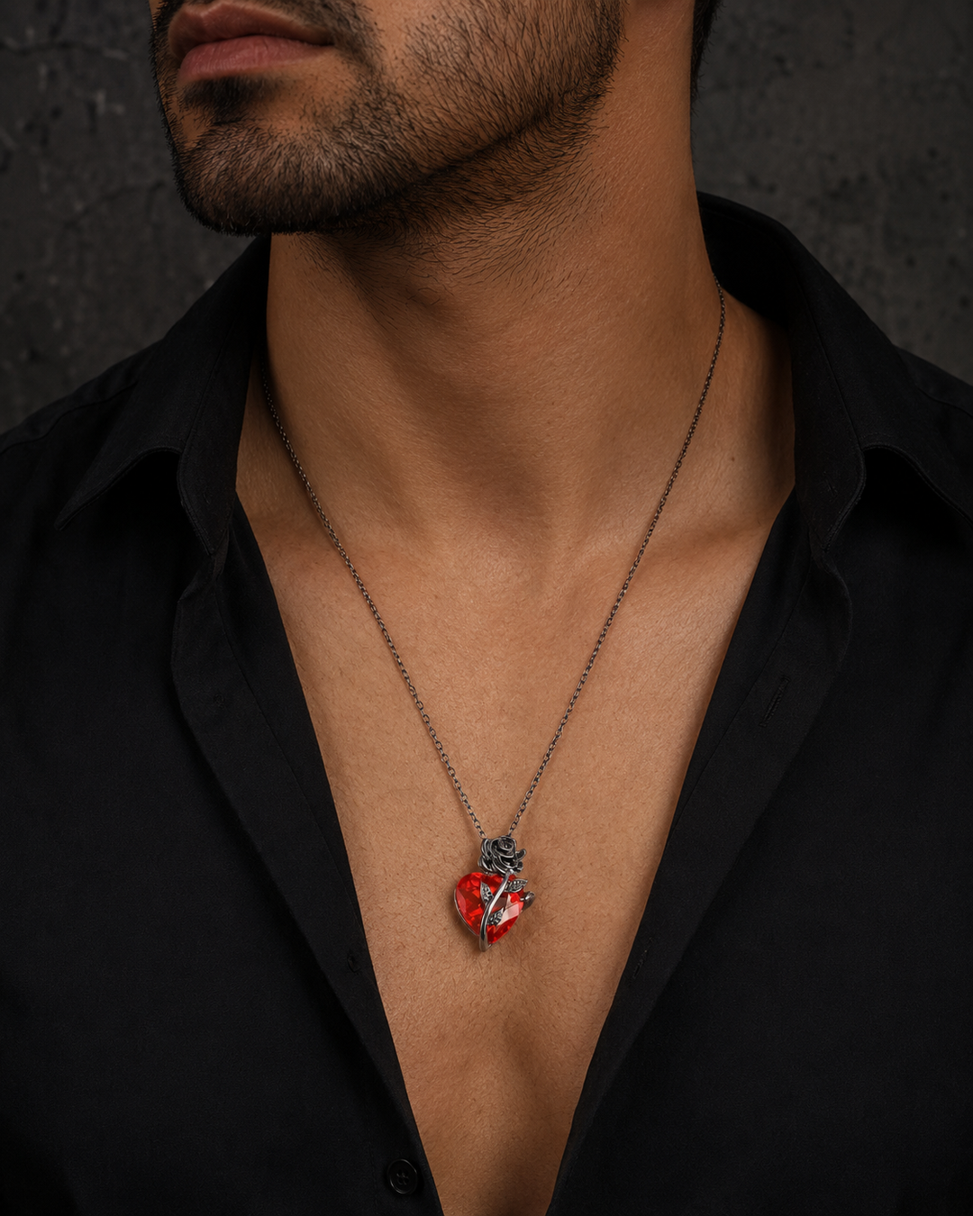 Man wearing the ZAFT Crimson red heart and dark rose necklace