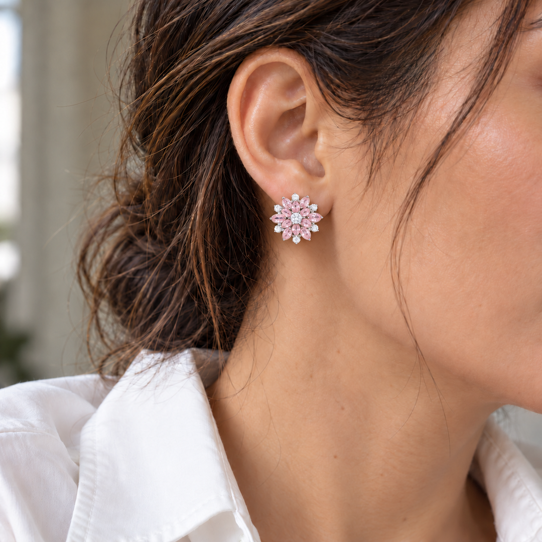 Dahlia Blush flower stud worn with a white shirt; approximately 20 mm flower face.