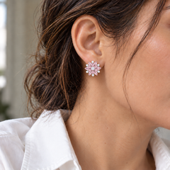 Dahlia Blush flower stud worn with a white shirt; approximately 20 mm flower face.
