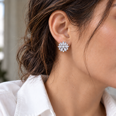 Dahlia Clear flower stud worn with a white shirt; approximately 20 mm flower face.