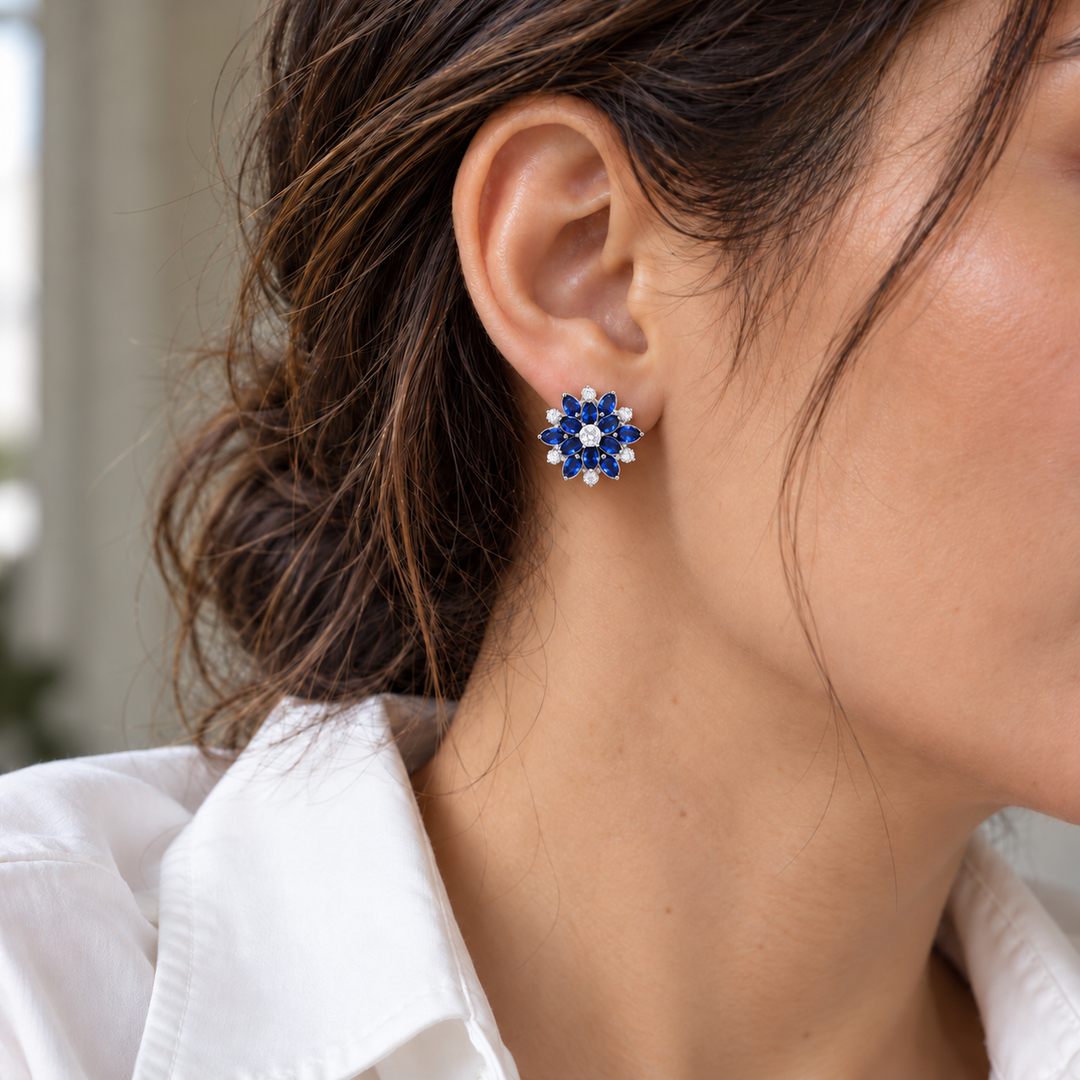Dahlia Cobalt flower stud worn with a white shirt; approximately 20 mm flower face.