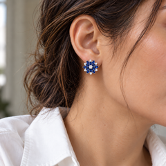 Dahlia Cobalt flower stud worn with a white shirt; approximately 20 mm flower face.