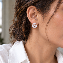 Dahlia Rose flower stud worn with a white shirt; approximately 20 mm flower face.