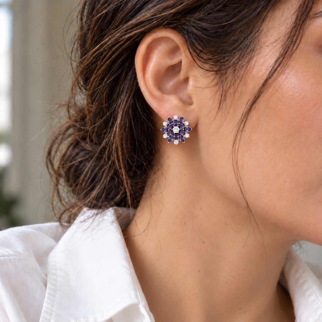 Dahlia Violet flower stud worn with a white shirt; approximately 20 mm flower face.