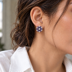 Dahlia Violet flower stud worn with a white shirt; approximately 20 mm flower face.