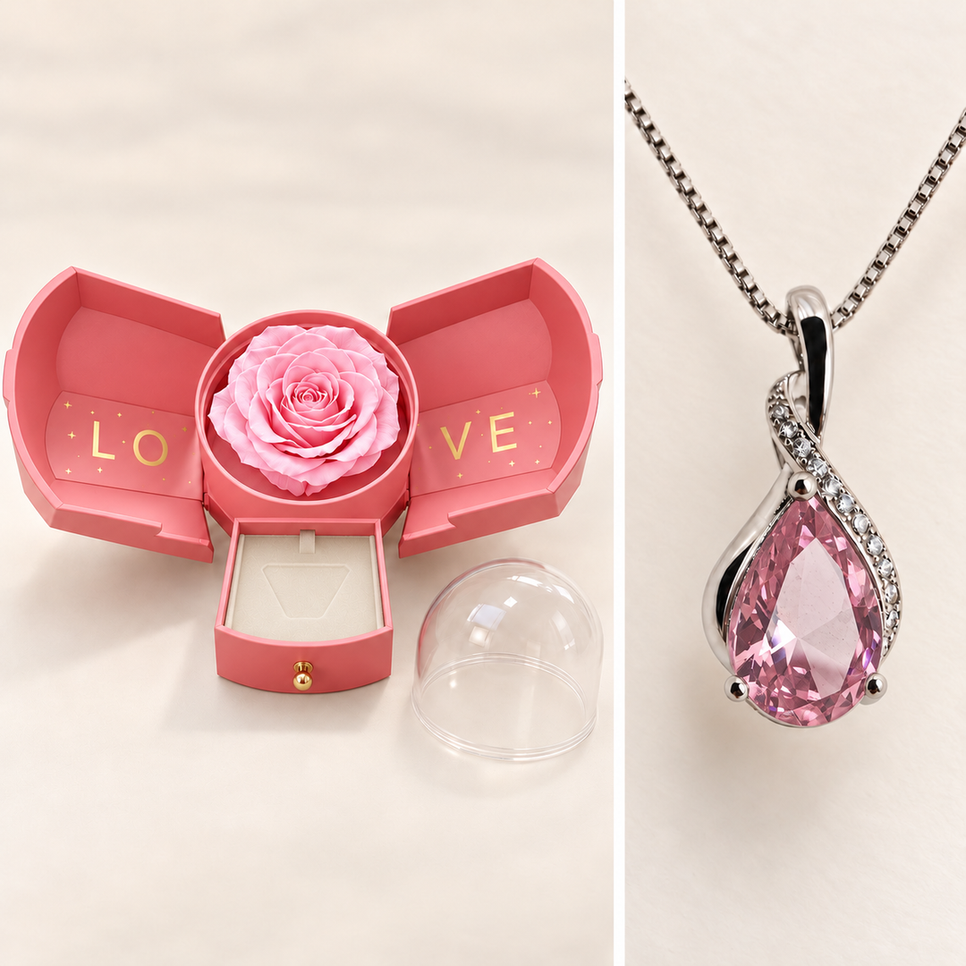 Drop Blush necklace detail and coordinated pink Rose Box shown in separate views