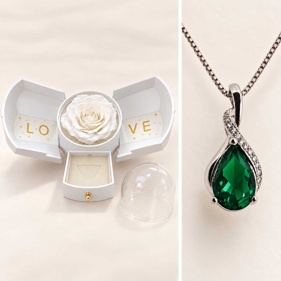 Drop Forest necklace detail and coordinated white Rose Box shown in separate views