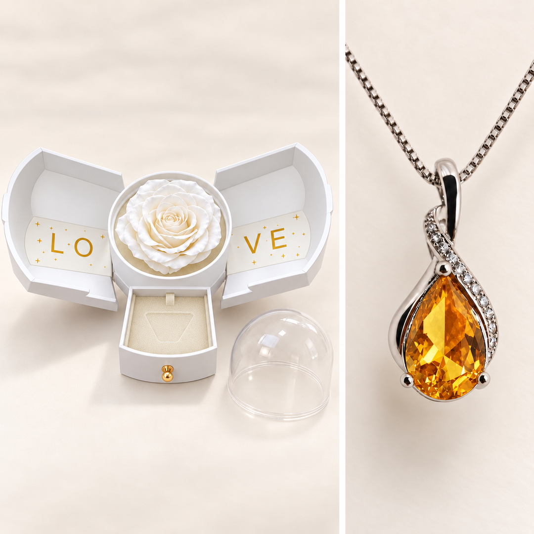 Drop Honey necklace detail and coordinated white Rose Box shown in separate views