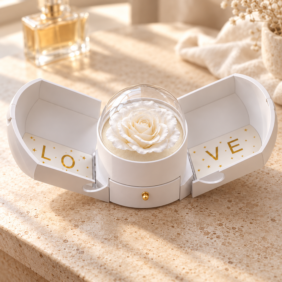 White Rose Box with its flower under a clear dome and jewellery drawer closed, on a sunlit dressing table