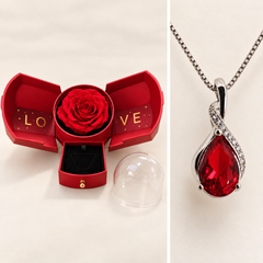 Drop Scarlet necklace detail and coordinated red Rose Box shown in separate views