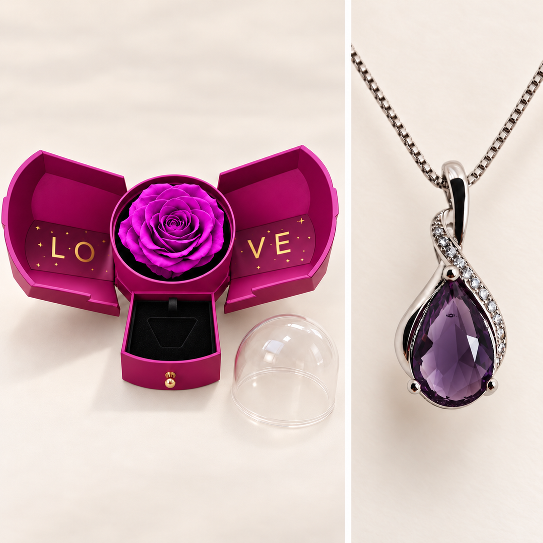Drop Violet necklace detail and coordinated purple Rose Box shown in separate views