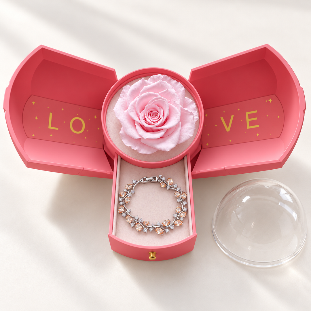 Eden Champagne bracelet in a Silver-tone finish, presented in the Pink Rose Box with its jewellery drawer open
