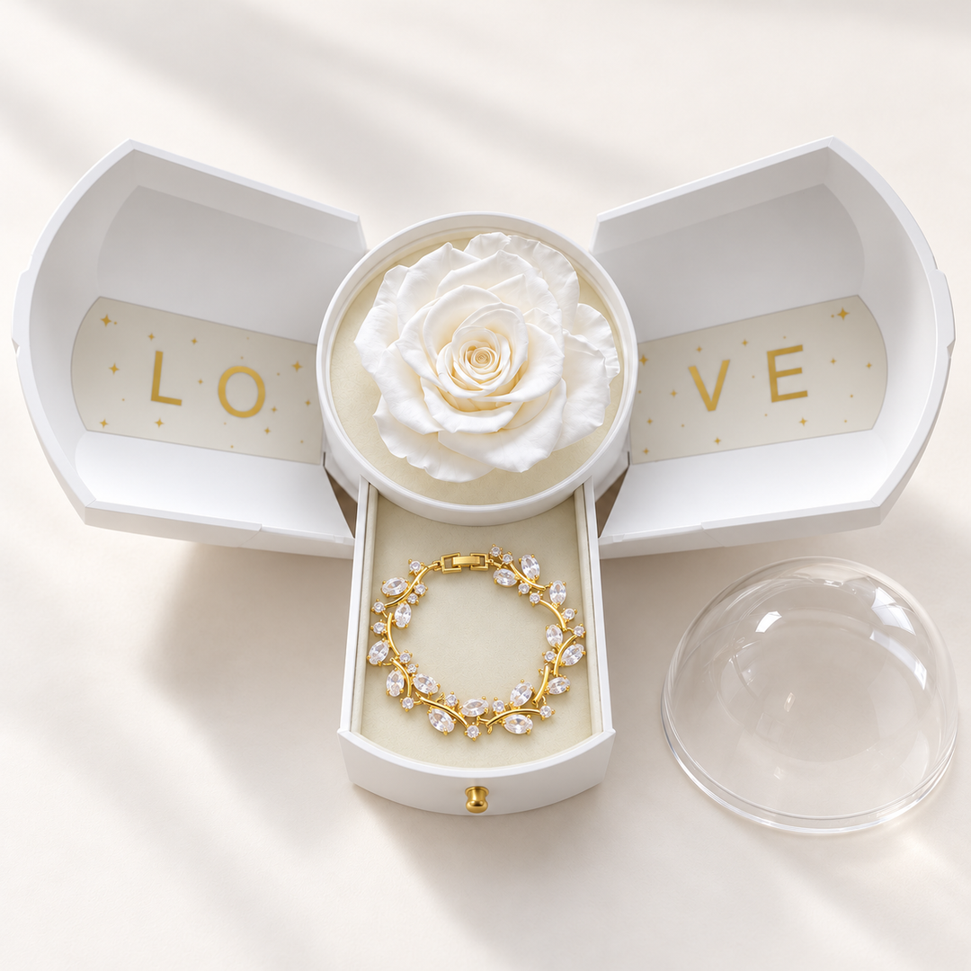 Eden Clear bracelet in a Gold-tone finish, presented in the White Rose Box with its jewellery drawer open