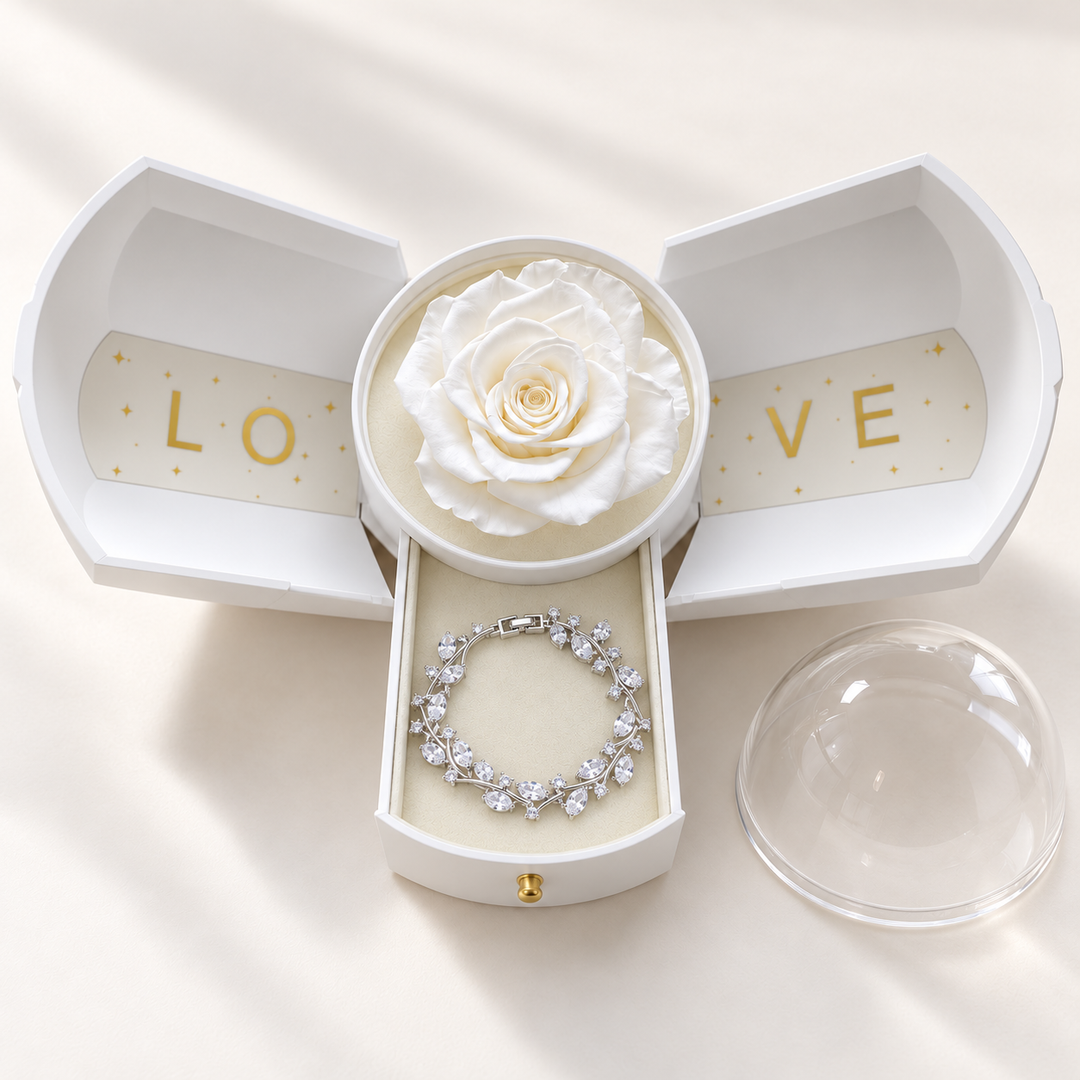 Eden Clear bracelet in a Silver-tone finish, presented in the White Rose Box with its jewellery drawer open