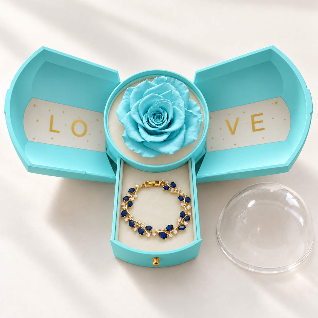 Eden Cobalt bracelet in a Gold-tone finish, presented in the Light Blue Rose Box with its jewellery drawer open