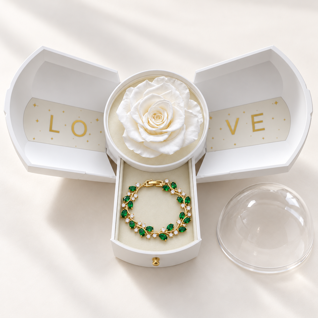 Eden Fern bracelet in a Gold-tone finish, presented in the White Rose Box with its jewellery drawer open