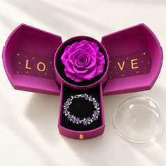 Eden Violet bracelet in a Silver-tone finish, presented in the Purple Rose Box with its jewellery drawer open