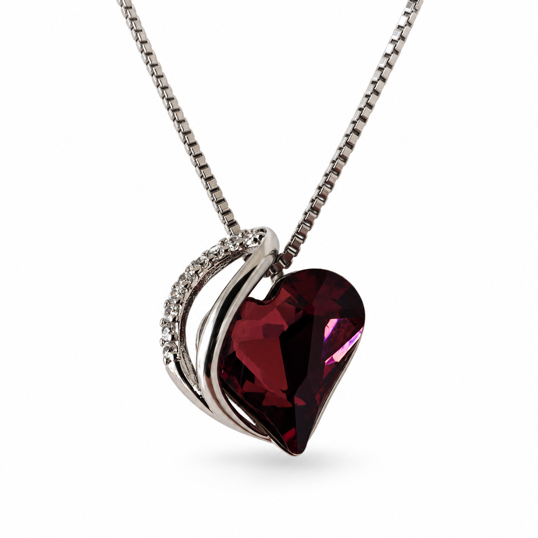 ZAFT Embrace merlot heart necklace on a white background