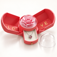 Embrace blush necklace in its matching Rose Box, with the sides open, drawer extended and removable clear dome alongside.