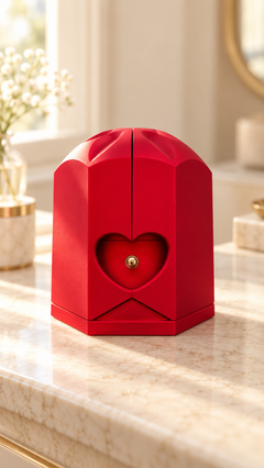 Closed red Rose Box with its petal-shaped crown and heart detail.