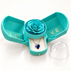 Embrace cobalt necklace in its assigned Rose Box, open with the jewellery drawer extended and clear dome removed.